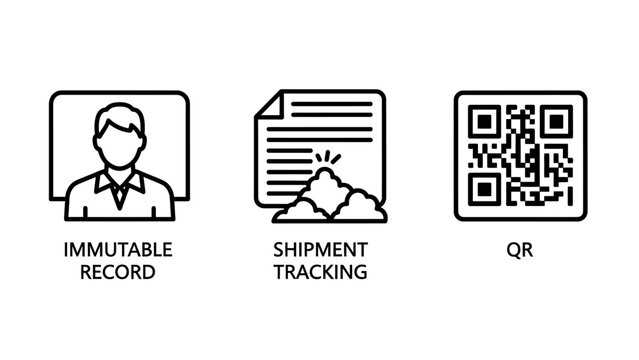 Digital technology and logistics icons set featuring immutable record shipment tracking and qr code immutable shipment tracking logistics technology blockchain identity information business