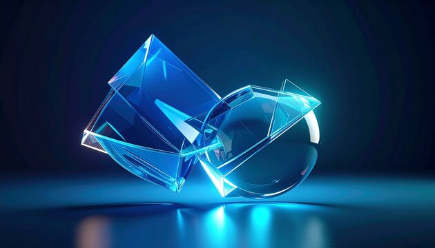Transparent glass cube and sphere floating with blue glowing light