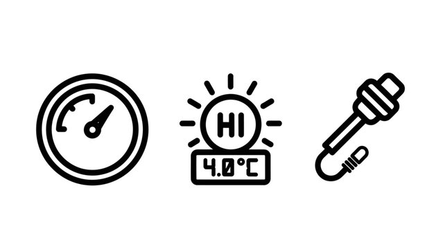 Set of temperature and thermal sensor icons featuring dial gauge high heat warning indicator and probing sensor temperature monitoring measurement environment industrial diagnostic precision