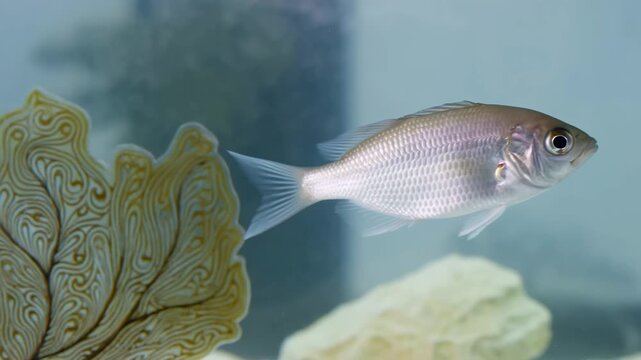 Silver fish swimming gracefully in a clear aquarium with decorative rocks and plants. Represents tranquility and the beauty of aquatic life