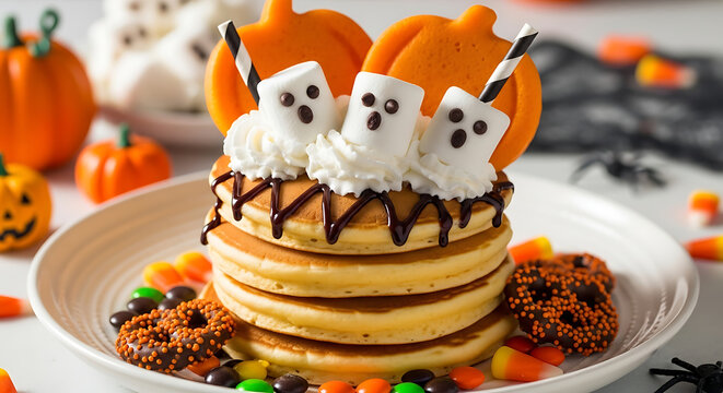 Delicious fluffy Halloween pancakes garnished with spooky marshmallow ghosts and vibrant sugar candies on a festive breakfast table featuring autumn decorations and sweet treats.