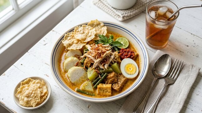 A detailed high-angle view of a bowl of Indonesian lontong sayur curry with a boiled egg, served with crispy emping melinjo crackers, a glass of sweet iced tea, and a side of spicy red sambal.