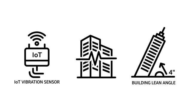 Smart building monitoring icons set featuring vibration sensor structural health and building lean angle real estate building construction vibration monitoring architecture structure analysis