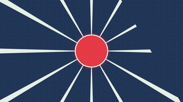 A vibrant red circle emitting white light rays on a dark blue background