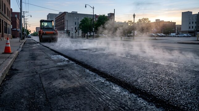 Road roller compacting asphalt on street with steam rising and buildings background.