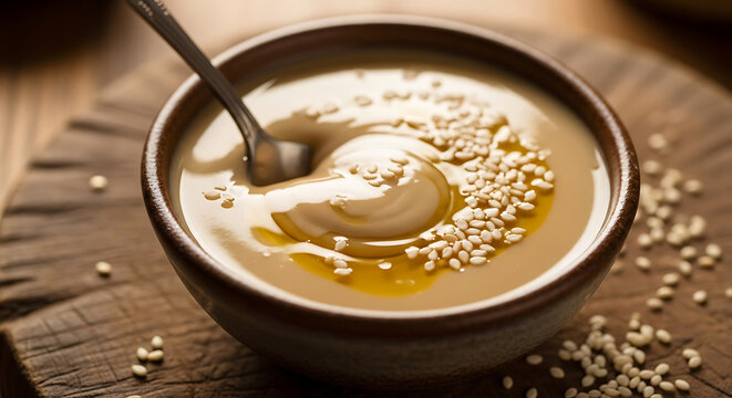 Creamy Organic Tahini Paste in Ceramic Bowl Garnished with Roasted White Sesame Seed Nutritious Oily Condiment Source of Healthy Fats for Middle Eastern Mediterranean Cuisine Ingredient Snack