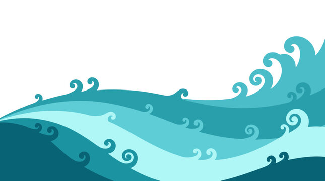 Dynamic abstract background template with soft blue ocean waves flowing in elegant curves isolated on white background.