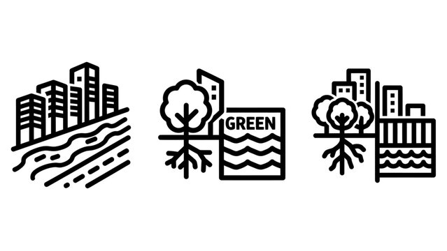 Sustainable urban development and green city planning icons with sustainable environment planning development infrastructure landscape buildings architecture resource community conservation