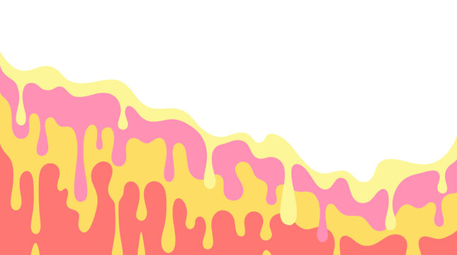 Abstract fluid background template with pink and yellow liquid drips melting down in wavy layers over white backdrop.