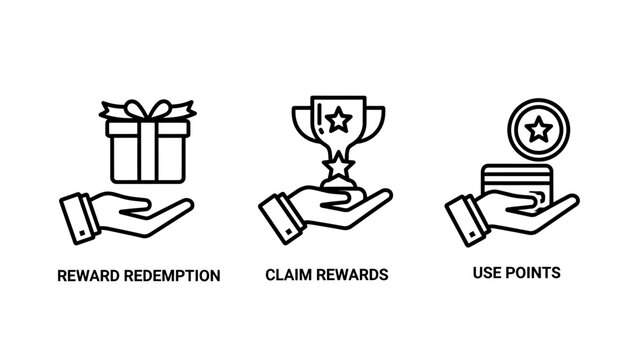 Customer loyalty program icons for reward redemption and points collection with redemption customer shopping marketing purchase consumer business collection financial transaction discount