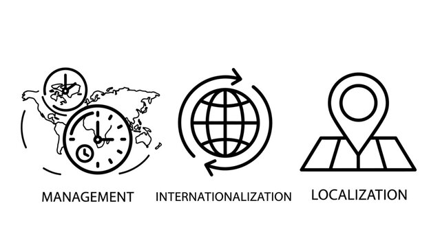Global management internationalization and localization location icons with management internationalization localization location business logistics strategy international navigation planning