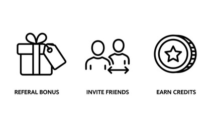 Fototapeta premium Referral bonus invite friends and earn credits marketing icons with referral marketing promotion networking earnings incentive business customer acquisition strategy campaign community