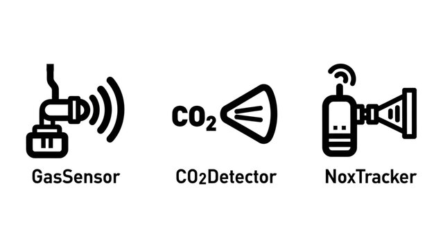 Gas sensor co2 detector and nox tracker environmental monitoring icons with detector environment monitoring pollution nitrogen technology measurement engineering detection chemical analysis