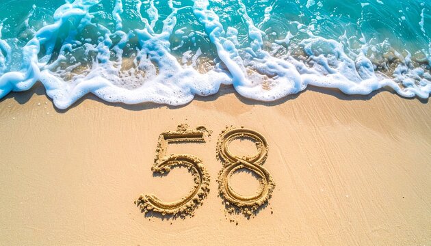 A beach themed copy space background displaying the number 58 drawn in smooth sand, tropical ocean colors, relaxing summer vibe, extensive copy space for marketing content