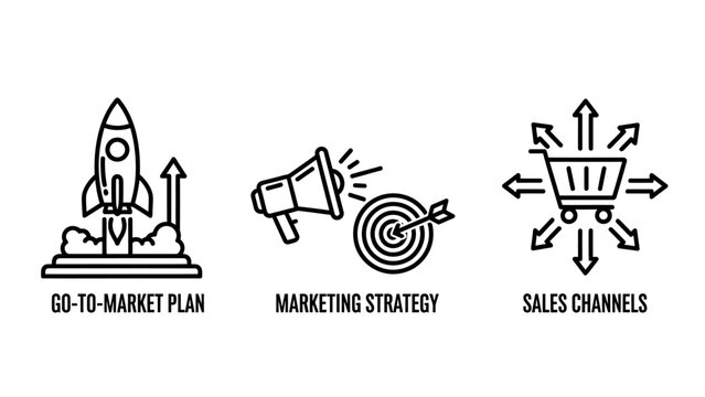 Go-to-market plan marketing strategy and sales channels business icons with marketing strategy channels business megaphone customer shopping distribution commerce management development