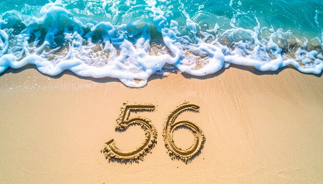A beach themed copy space background displaying the number 56 drawn in smooth sand, tropical ocean colors, relaxing summer vibe, extensive copy space for marketing content