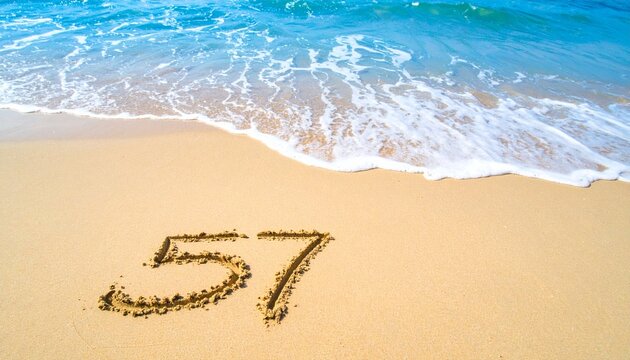 A beach themed copy space background displaying the number 57 drawn in smooth sand, tropical ocean colors, relaxing summer vibe, extensive copy space for marketing content