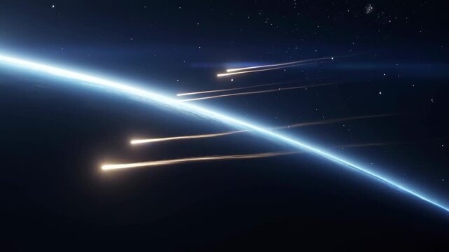 Stunning meteor shower streaking across the night sky above Earth. A breathtaking display of cosmic phenomena highlighting the beauty of the universe