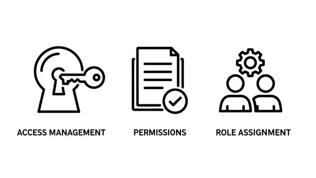 Set of cybersecurity access management and role assignment icons with cybersecurity management permissions assignment document protection security authorization administration business