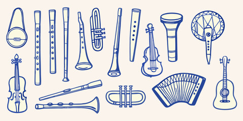 collection of musical instruments line art music © KrishnaPada