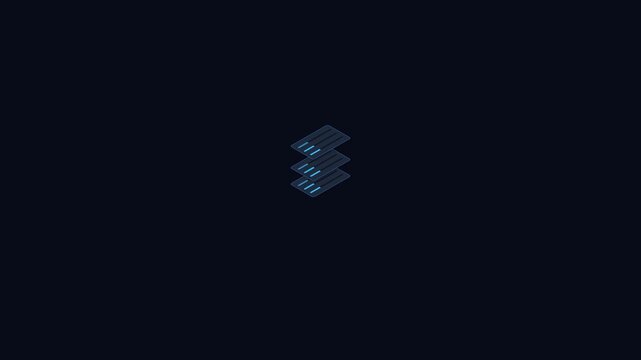 Minimalist isometric server rack icon glowing against a dark black background