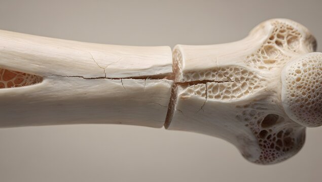 Ultra-realistic medical illustration of a broken arm bone, clear fracture line, detailed humerus anatomy, clean white background, premium orthopedic realism