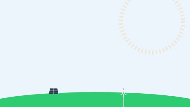 Minimalist illustration of a solar panel and a wind turbine on green hill