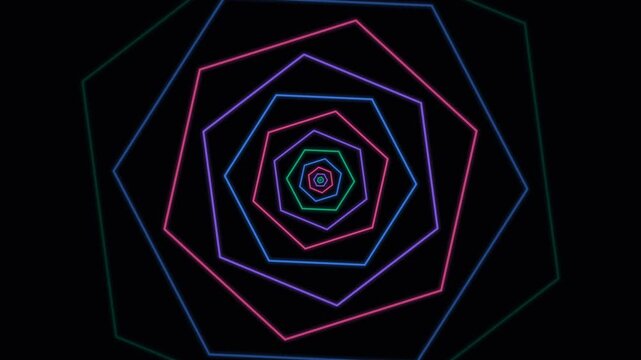 A vibrant tunnel of glowing neon heptagons receding into deep dark space
