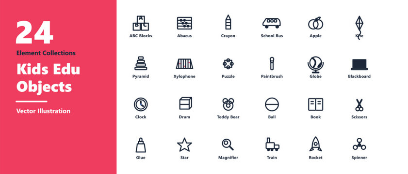 Twenty four creative kids education objects set containing various school supplies and fun learning toy icons