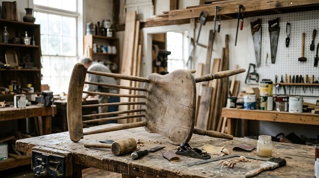 Wooden chair sitting on cluttered workbench in craft workshop with tools and sawdust area.