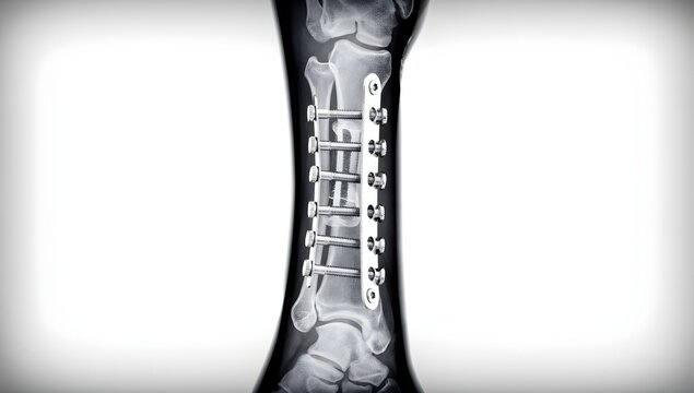 Ultra-realistic film X-ray of fractured arm shaft after internal fixation surgery, plate and screws clearly visible, crisp bone edges, diagnostic hospital image, premium realism