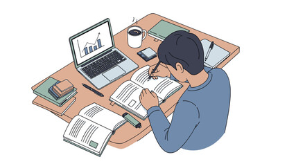 Fototapeta premium Student studying at desk with laptop and books, focused on learning.