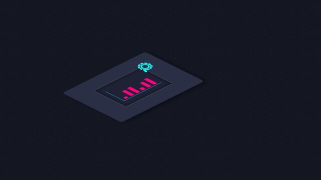 Minimalist isometric digital interface showing a glowing red bar graph display