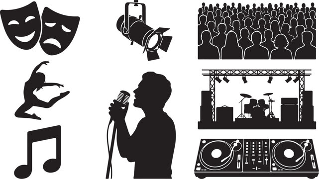 Music, entertainment icons, stage performance symbols, black vector set