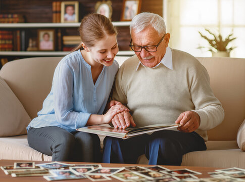 Adult daughter sharing family memories with elderly father at home