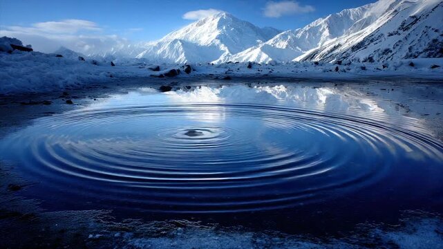 Snow-capped mountains reflect in rippling water, creating a tranquil alpine scene