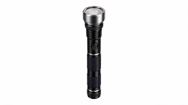Modern black tactical LED flashlight isolated on white background. Powerful metallic torch light for camping, outdoor adventure, security, emergency equipment, and survival gear.