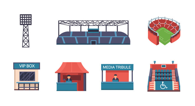 Football stadium with VIP box, media tribune, and accessible facilities under lights.