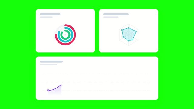 Animated Data Dashboard with Charts and Graphs on Green Screen Background