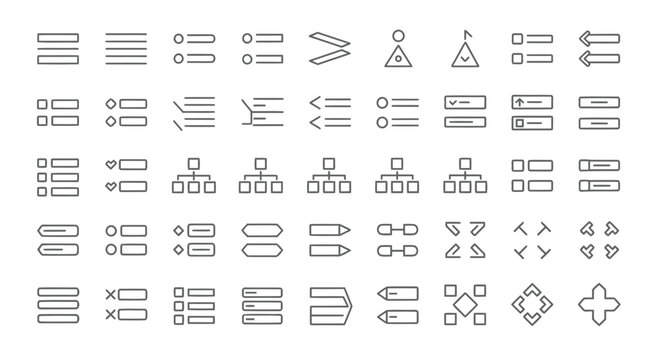 Collection of user interface elements and icons for web design and software development, including lists, diagrams, and shapes
