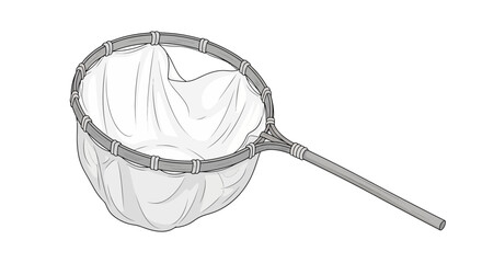 A simple line drawing of a handheld fishing net with a long handle. © Alinaja