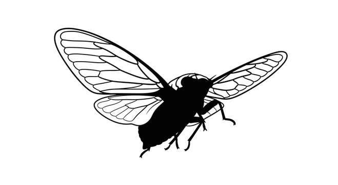 Detailed black and white illustration of a flying cicada insect.