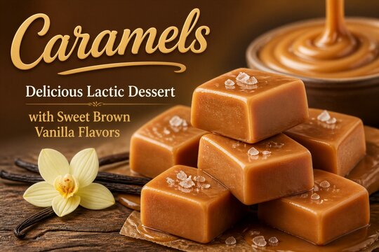 Stacked caramels arranged with vanilla and salt on wooden board