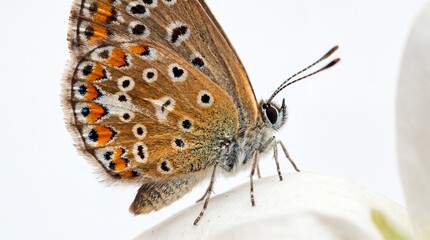 Naklejka premium Close-up of a beautiful brown butterfly with intricate patterns on its wings resting on a white flower petal.