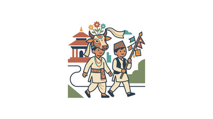 Obraz premium Gai Jatra Festival Celebration Illustration with Nepali Children