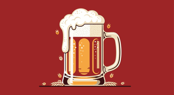 Frothy Beer Mug Illustration on Red Background