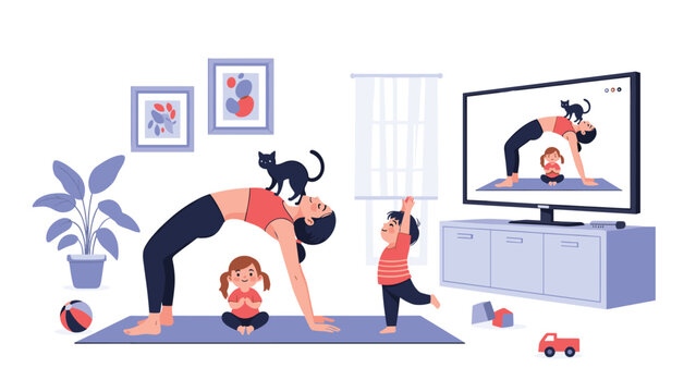 Family practicing yoga and stretching together at home by following an exercise video on their television screen.