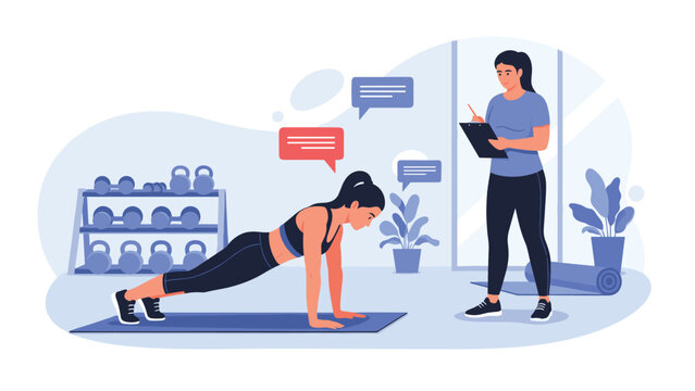 Fitness trainer providing guidance to a woman performing a plank exercise in a gym with weights in background.