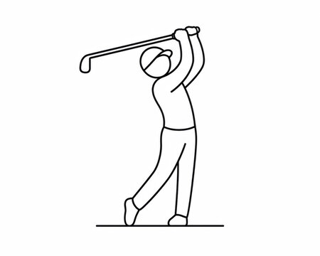 Simple line art icon of a golf player swinging a club during a sports game match on a flat design style