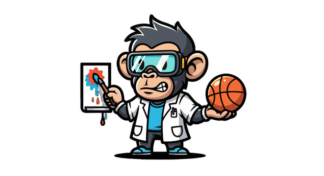 Cartoon Scientist Monkey Holding Basketball and Clipboard.